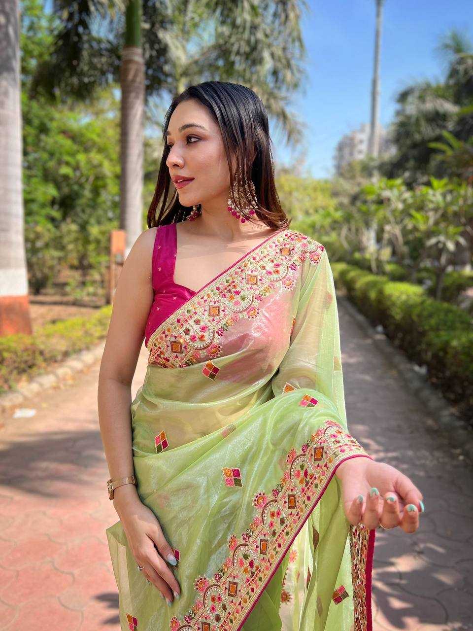 Twill Net  Embroidered Lace Border Stone Work Zari Saree